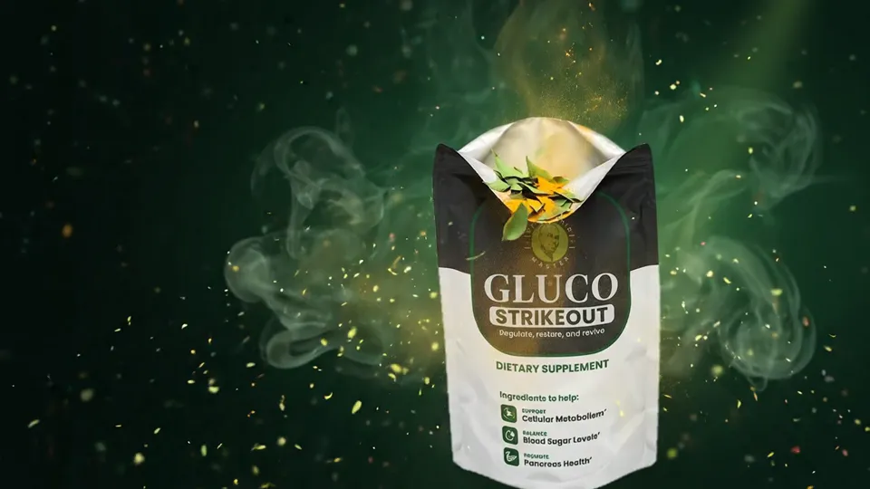 Gluco Strikeout pouch with herbs pouring in, from the scroll-played product film